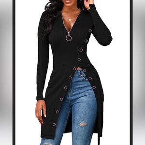 LYANER Zip Up Long Sleeve Side Split Asymmetrical Hem Longline Tunic Black XL